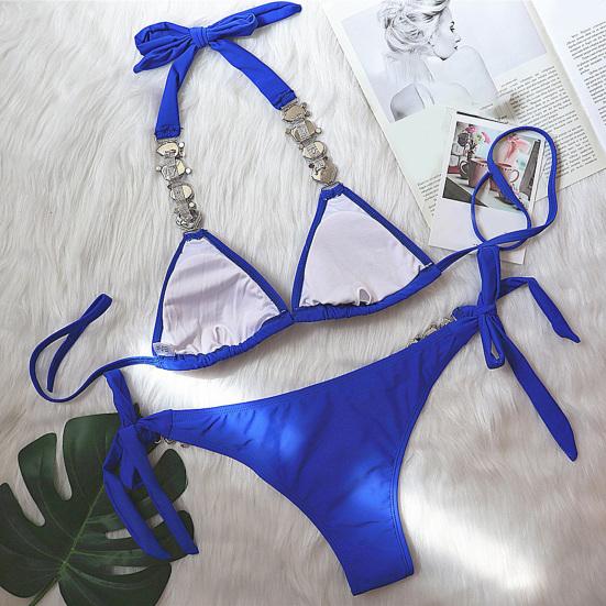 2Pcs/Set Split Bikini Rhinestones Metal Chain Sexy Adjustable Pure Color Swimwear for Swimming