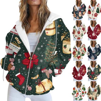 Women's Casual Christmas Printed Sweatshirt Autumn And Winter Long Sleeved Sweatshirt With Pocket Zipper Hooded Jacket