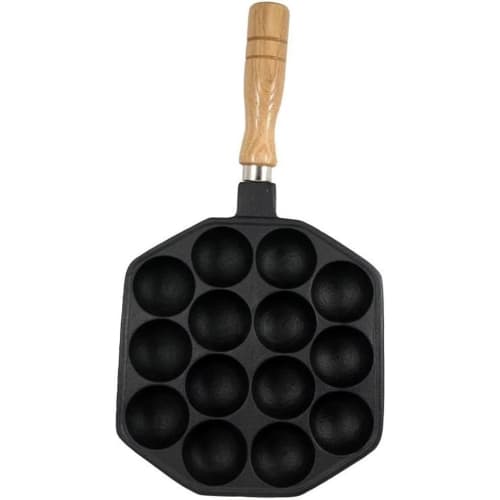Ikenaga Iron Works Takoyaki Plate, 14 Holes, Wooden Handle, IH/Gas Compatible, Round Plate for Snacks and Gourmet Foods, Ajillo