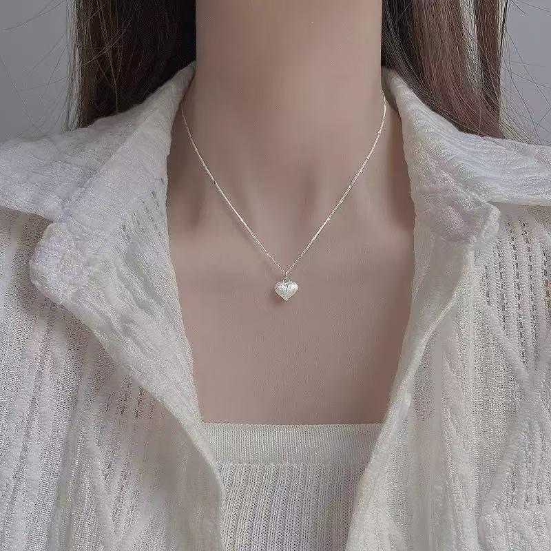 Brushed Heart Necklace in 925 Sterling Silver – 2025 Light Luxury Clavicle Design for Girls