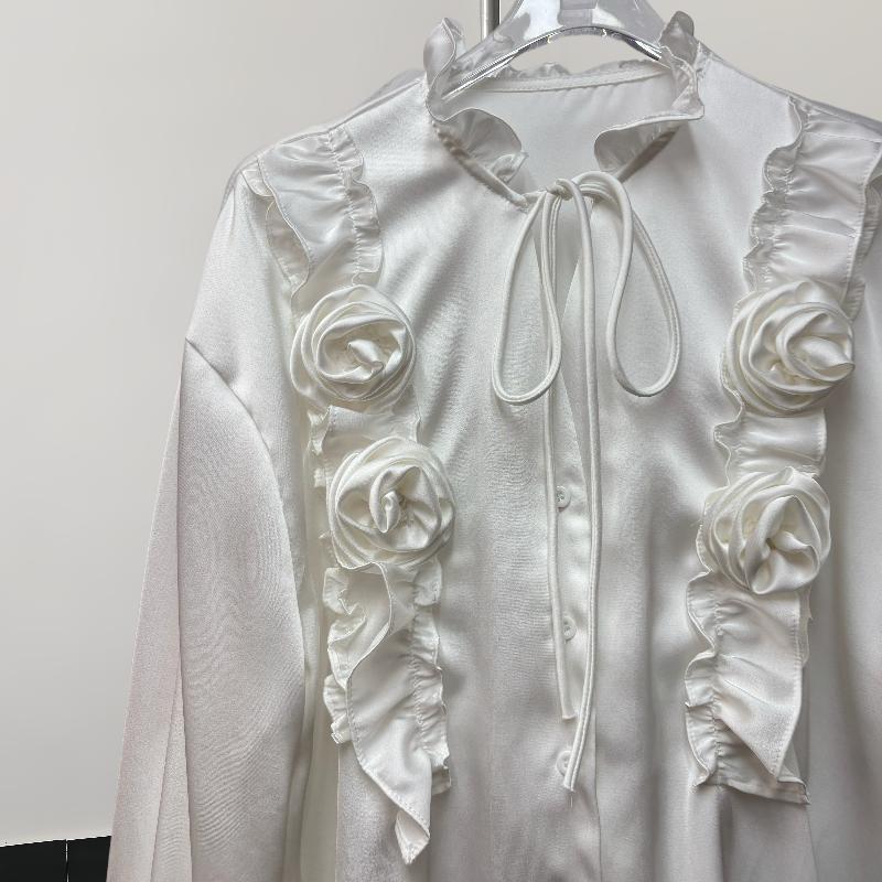 Fashion New Long Sleeve Loose Casual Shirt Women Elegant Solid Single Breasted Flowers Blouse Women Top Vintage Polo Collar Office Ladies Shirts 25807