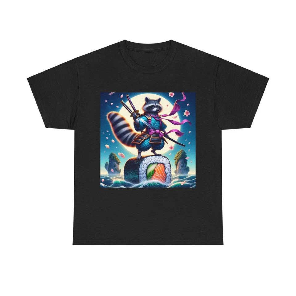 Unisex Adult T Shirt Samurai Raccoon Sushi Roll Art XL