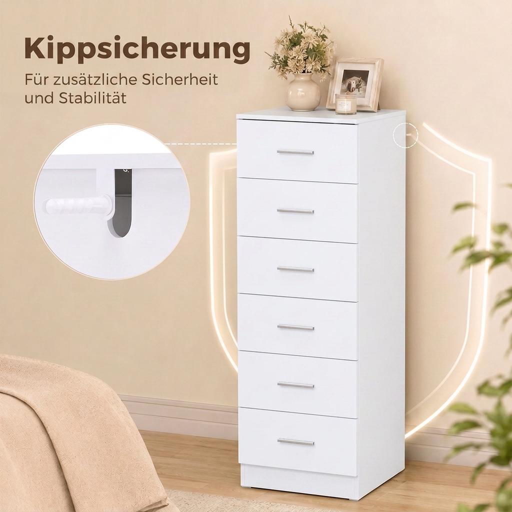 Chest of Drawers with 6 Drawers, Modern Bedroom Dresser, Storage Cabinet, 40 X 40 X 110 Cm, White Wood Look