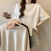 Large size front shoulder irregular short-sleeved T-shirt for women's summer new thin belly cover design split top for women