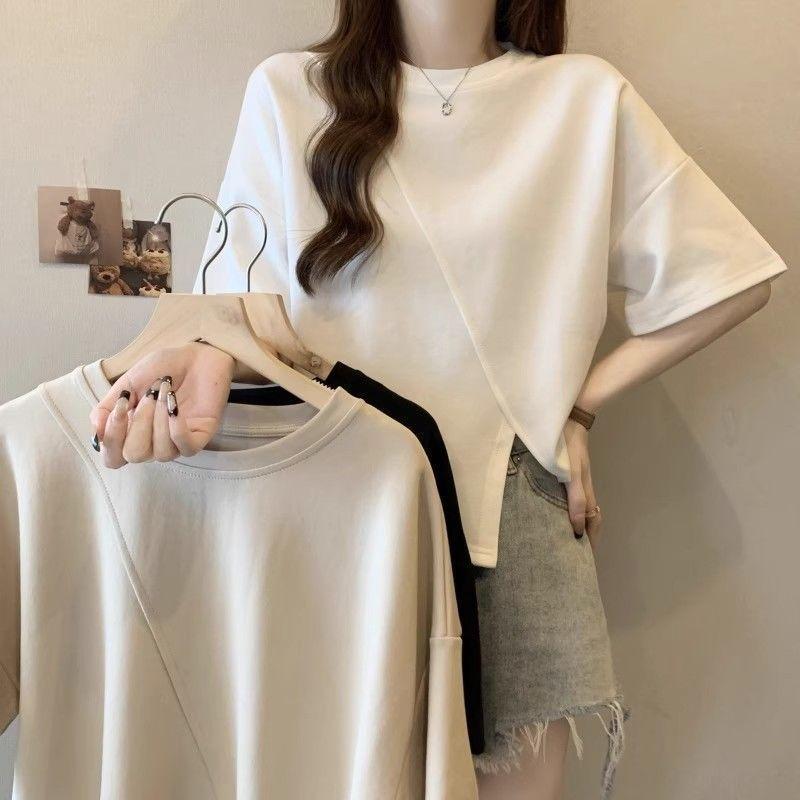 Large size front shoulder irregular short-sleeved T-shirt for women's summer new thin belly cover design split top for women