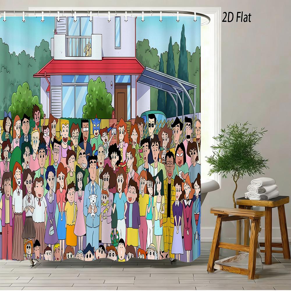 Crayon Shin-Chan The Movie Super Power Battle 2D Print Waterproof Shower Curtain, Yellow Bathroom Decor With Hooks