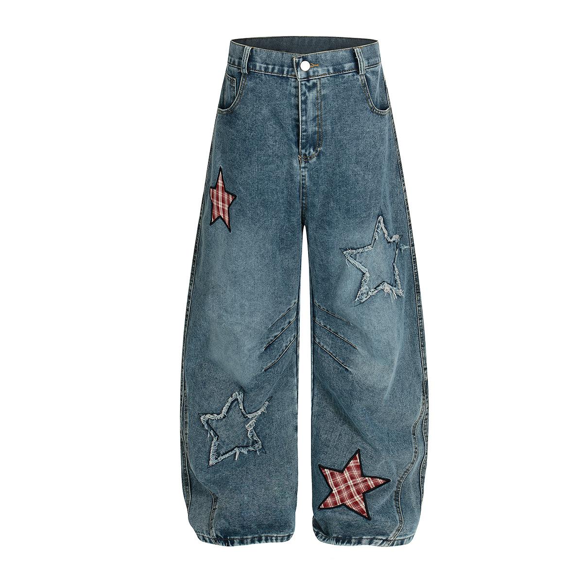 Men s American retro embroidered scimitar jeans men s vibe loose wide-leg trousers S синий