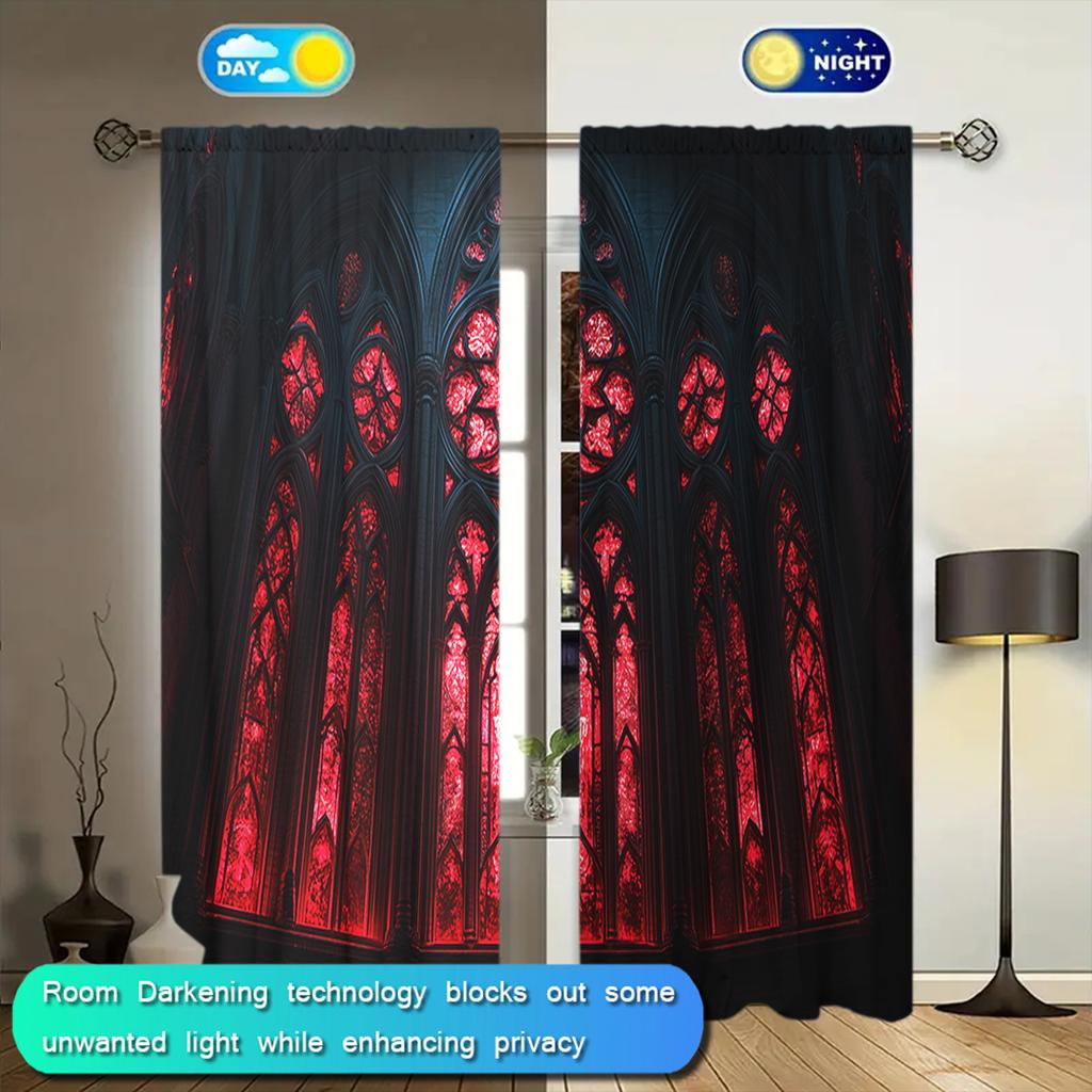 2pcs Gothic Architectural Windows Printed Curtain for Home Decor - Rod Pocket Window Treatment for Bedroom, Office, Kitchen