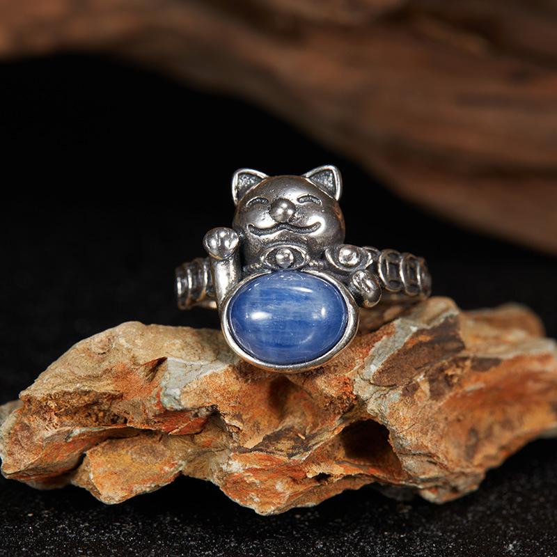 S925 Sterling Silver Natural Blue Crystal Malachite Star Red Corundum Lucky Cat'S Eye Color Treasure Thai Silver Ring Hipster Personality