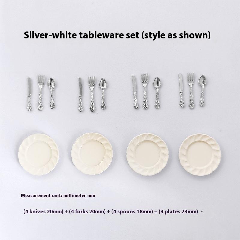 1/12 Scale Miniature Dollhouse Cake Dish with Knife Fork Spoon Set - DIY Decoration Doll House Accessories for 1/12 Scale Models