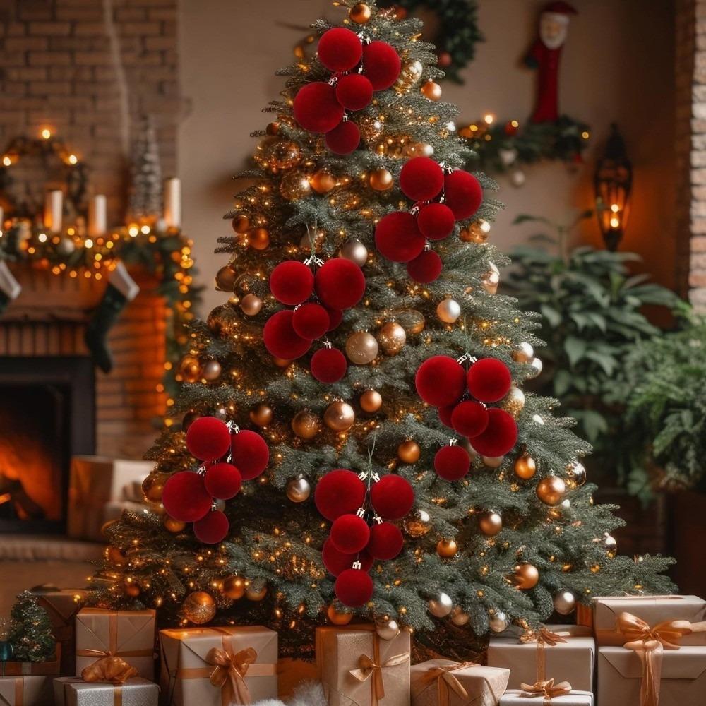 Shatterproof Christmas Tree Baubles Flocked Velvet Holiday Tree Decorations Festive Decor Balls