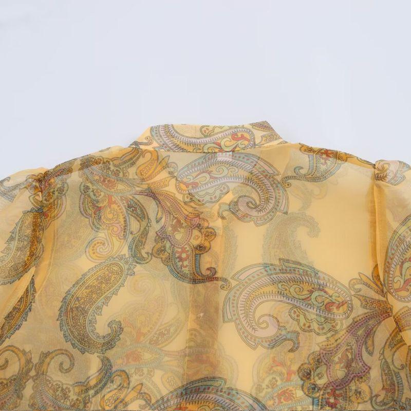 Kaslead New Women clothes Western Style Fashion Print Organza Puff sleeve Shirts