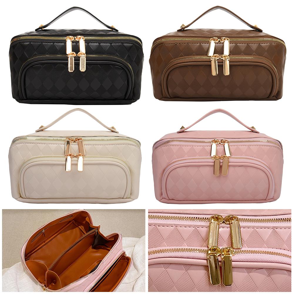 Women Makeup Organizer Bag PU Leather Makeup Storage Handbag Diamond Lattice Large Opening Makeup Bag for Home Business Trip