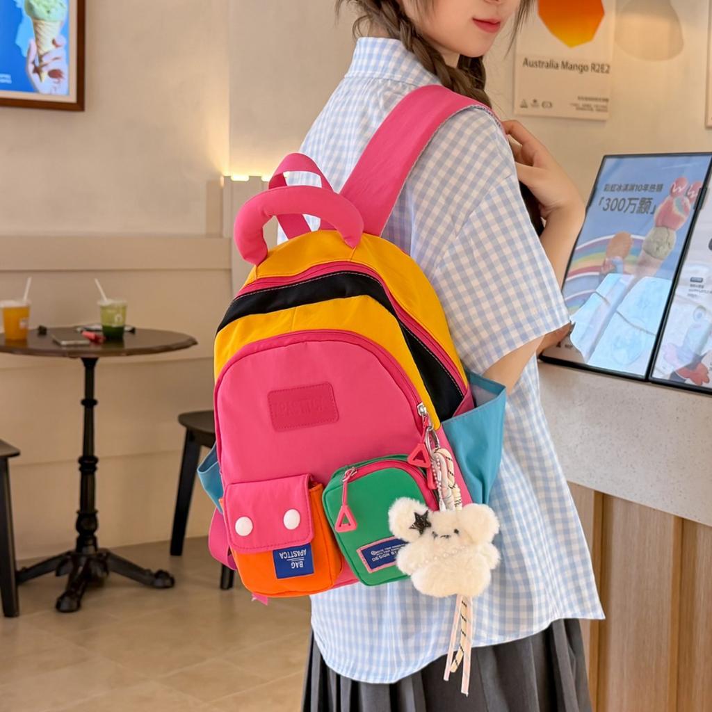 Schoolbag vitality rainbow color matching splicing backpack girl childlike dopamine wind shopping photo clock in backpack