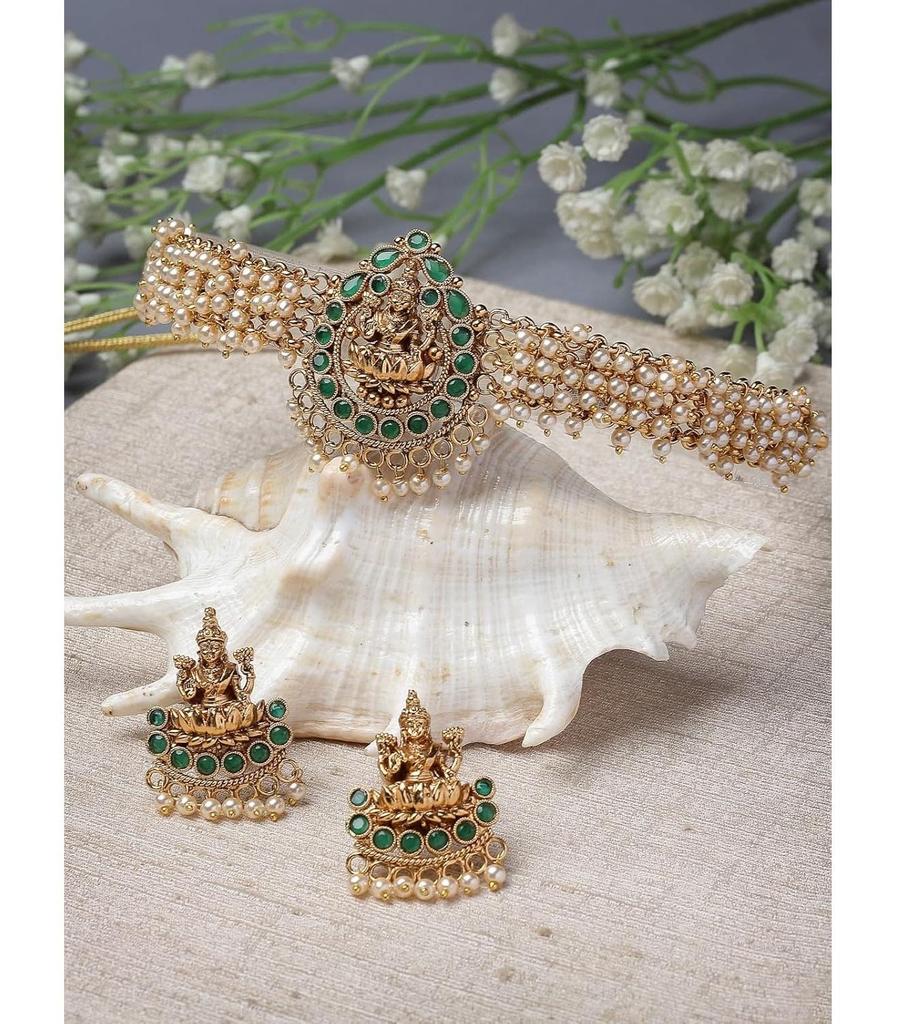 Sparkling Indian Temple Gold Plated Green Beads Choker Necklace Set With Studs Earring | Jewellery Set For Women