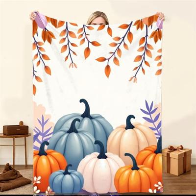 1pc Cozy Autumn Harvest Flannel Blanket - Lightweight Soft Throw with Vibrant Pumpkin And Falling Leaf Print, Perfect for Sofa, Travel, Camping, Livin