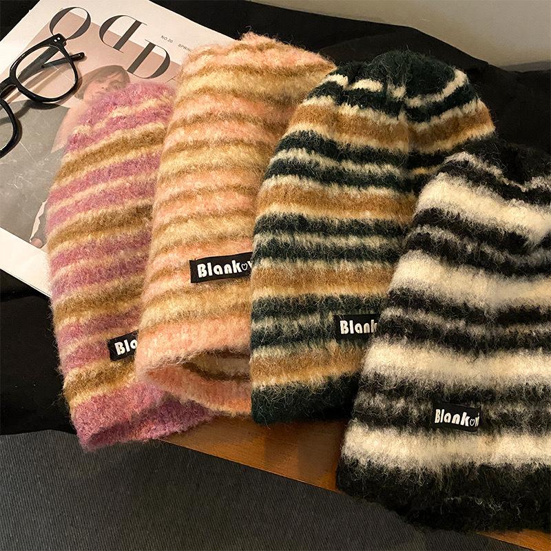 Retro Maillard Striped Plush Pile Hat for Women In Autumn and Winter Warm Versatile Big Head Circumference Showing Face Small Knitted Hat Trendy