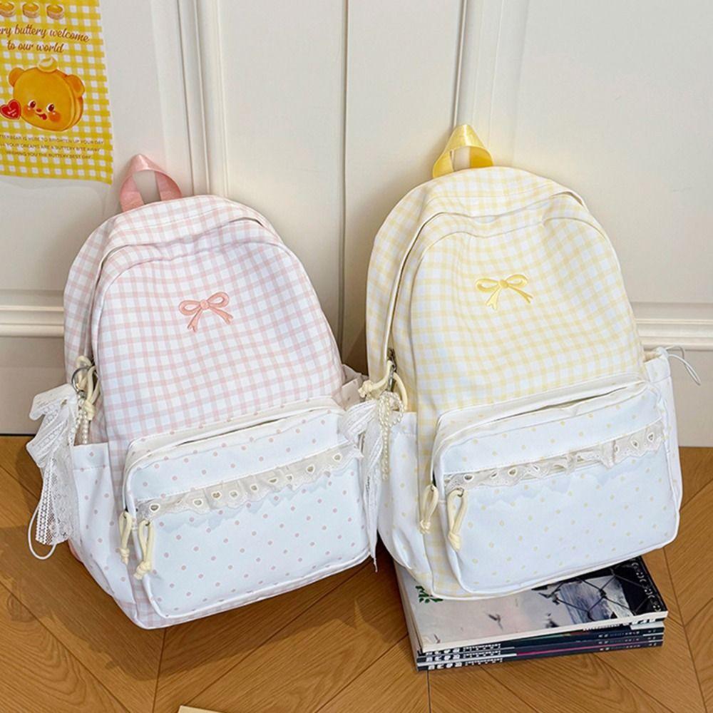 Sweet Polka Dot Backpack Plaid Student School Bag Fashion Lace Trim Rucksack Outdoor Use