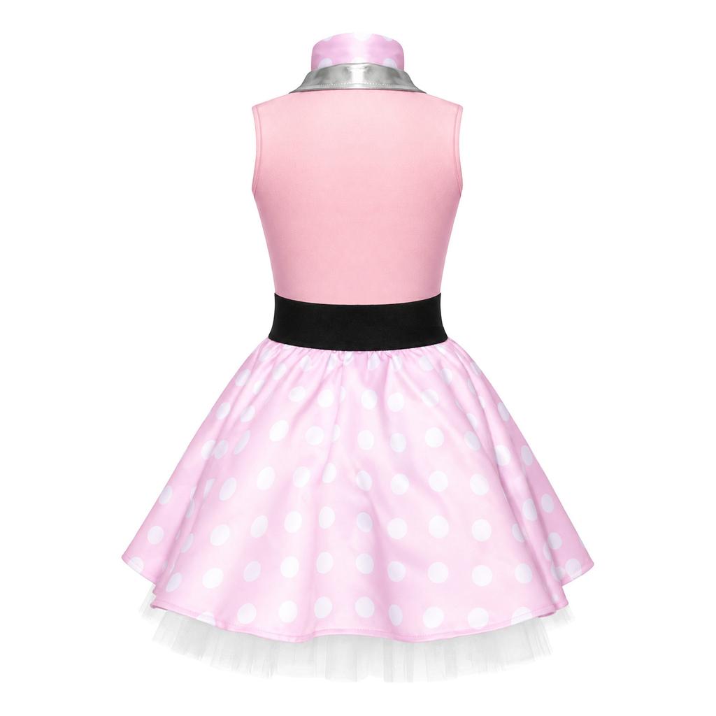 Kids Girls 50s Vintage Polka Dot Dress Metallic Lapel Collar Sleeveless with Neck Scarf for Retro Birthday Halloween Theme Party