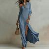 Damen One-Shoulder Maxikleid mit hohem Schlitz Langarm Locker Fließend Strand Sommerkleid Lässig Reise Urlaub Gestricktes Langes Kleid
