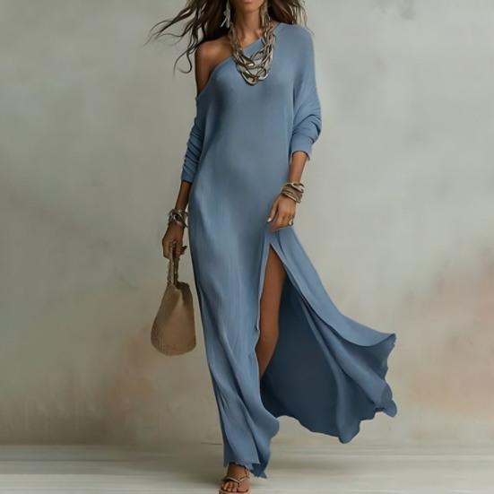 Damen One-Shoulder Maxikleid mit hohem Schlitz Langarm Locker Fließend Strand Sommerkleid Lässig Reise Urlaub Gestricktes Langes Kleid