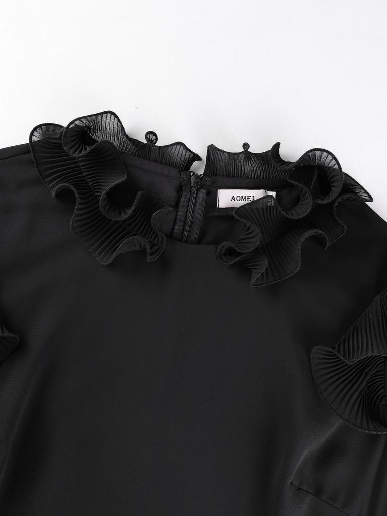 Plus Size Women's Black Evening Gown with Mesh Sleeves and Ruffled Waist