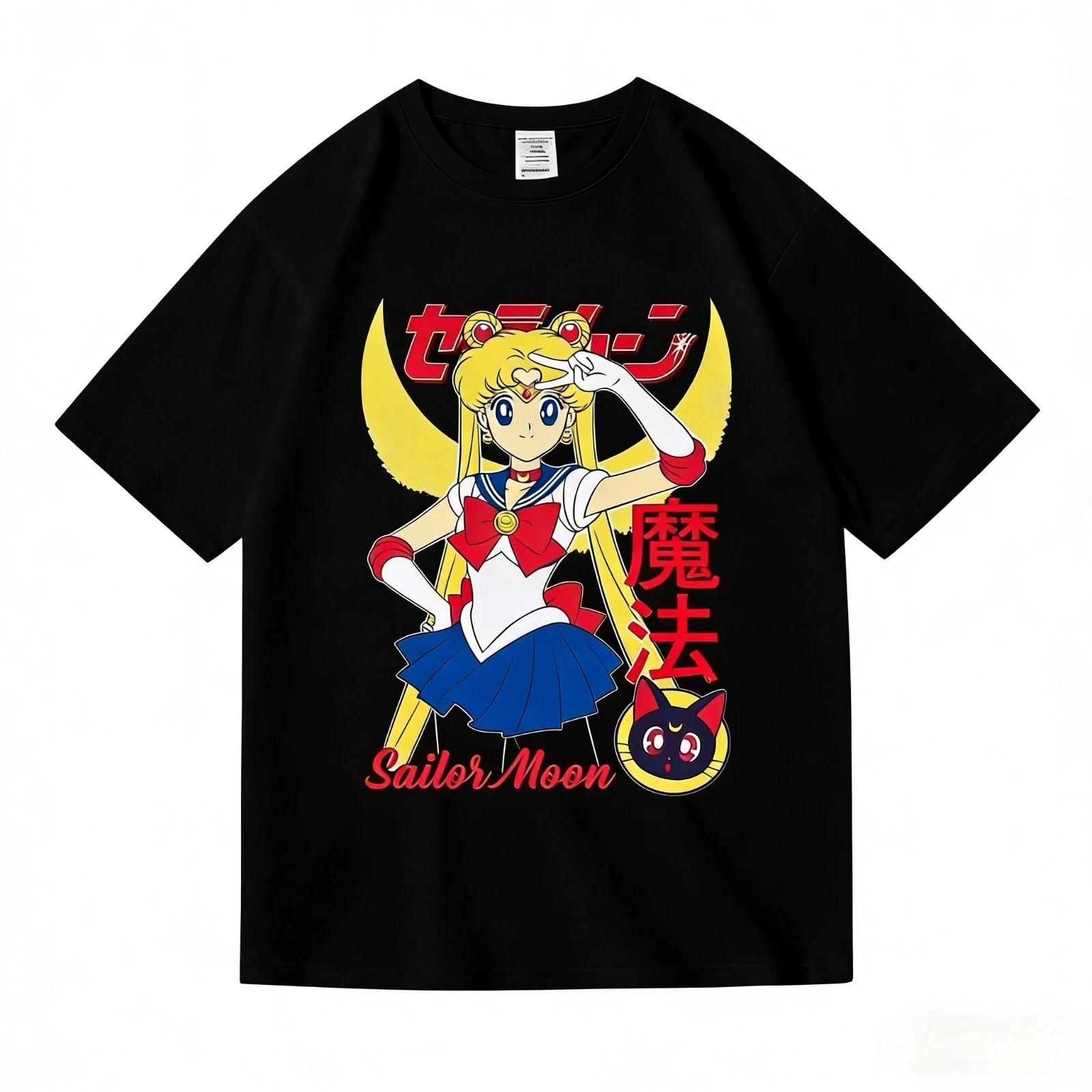 Sailor Moon Cotton T-Shirt Anime Manga Graphic Print Luna Cat Sailot Guardians L