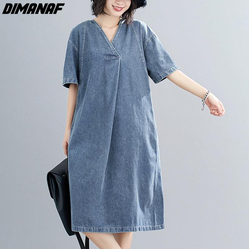 DIMANAF Women 2023 New Summer Dress Denim Short Sleeve Dress V-Neck Elegant Long Dress Loose Dress Blue Basic Dresses