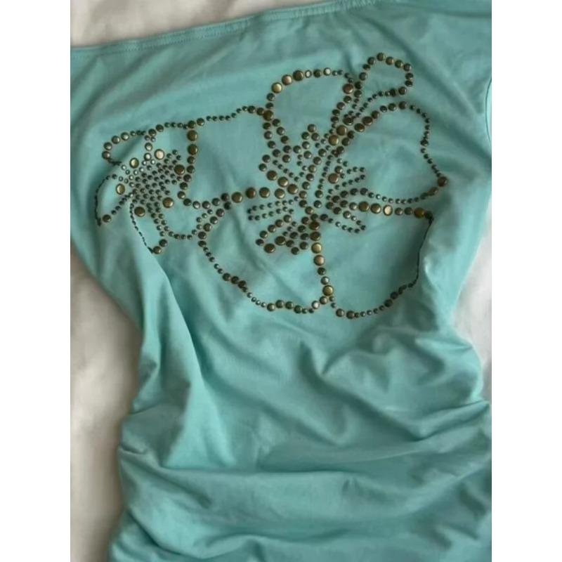 VAYLA Y2k Clothes T Shirt Women Green Beading Flowers Vintage Sexy Cropped Tops Street Fashion Tees Skew Collar Slim Fit Ropa De Mujer