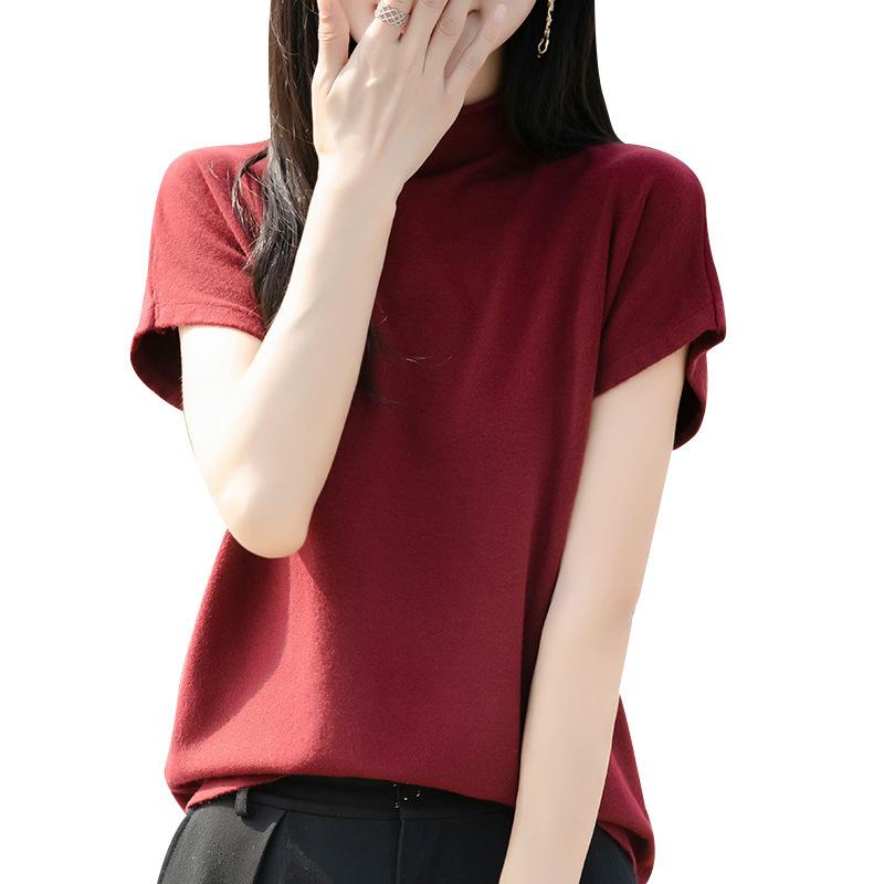 New Spring and Autumn Knitted Sweaters, Pullover Sweaters, Women's Short-sleeved Semi-high-neck Base Sweaters