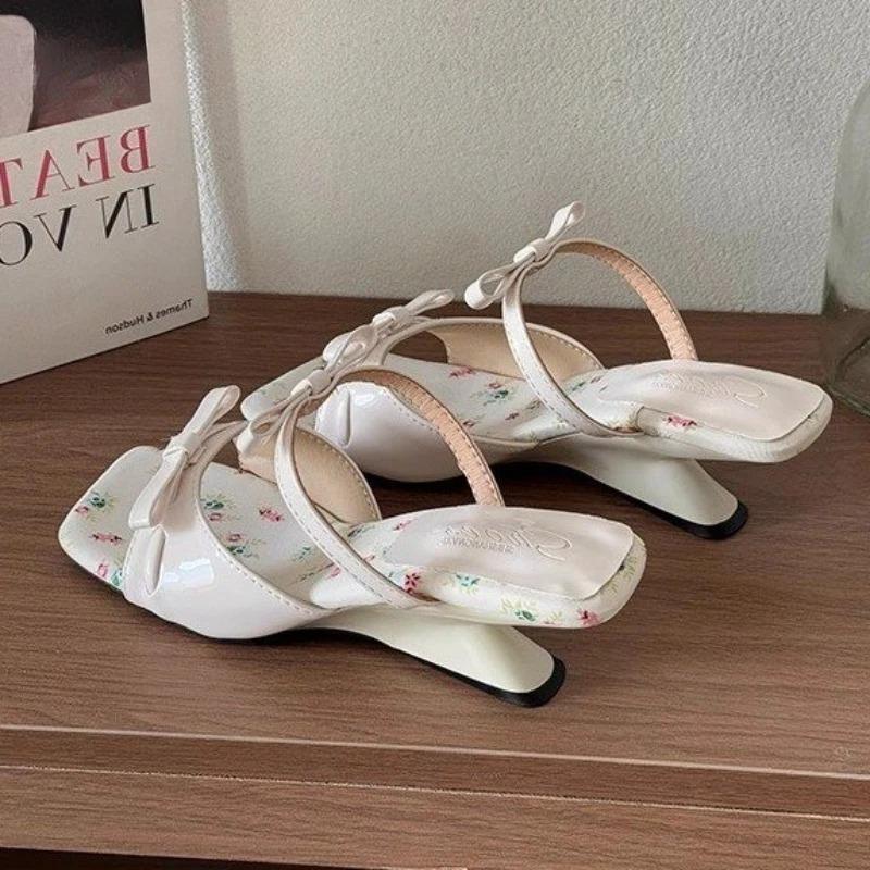 Women Slippers Bow Heeled Sandals Dress Chunky Shoes Summer Sexy 2025 Sexy Designer Woman Pumps Luxury Mujer De Zapatos