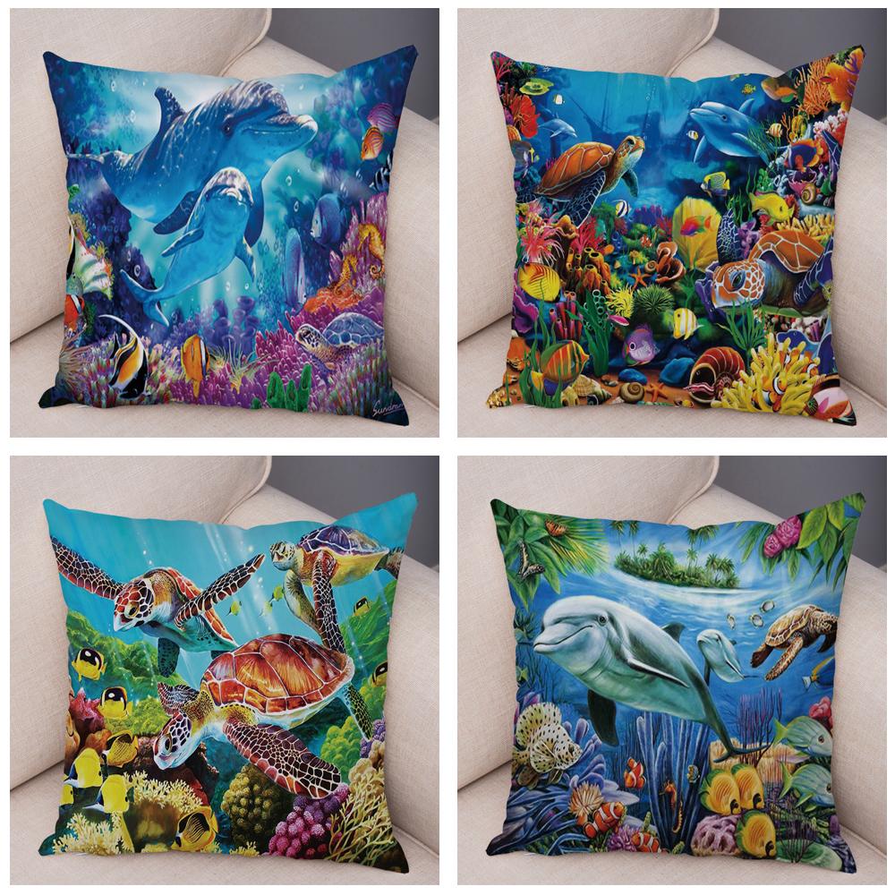 Marine Turtle Dolphins Shark Cushion Cover Short Plush Decor Colorful Ocean Animal Pillowcase Pillow Case for Sofa Home Car