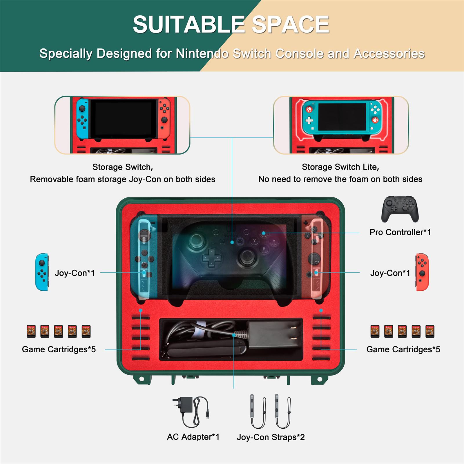 

DEVASO GY227 Waterproof Storage Box for Nintendo Switch Game Console Accessories Carrying Case,Gold Green Type A
