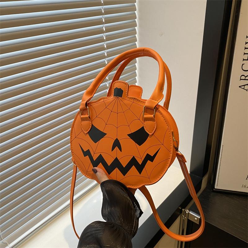 Halloween Round Pu Leather Handbag Shoulder Bag, Chic Color Blocking Tote Bag, New Pumpkin Shaped Women's Cross Messenger Bags