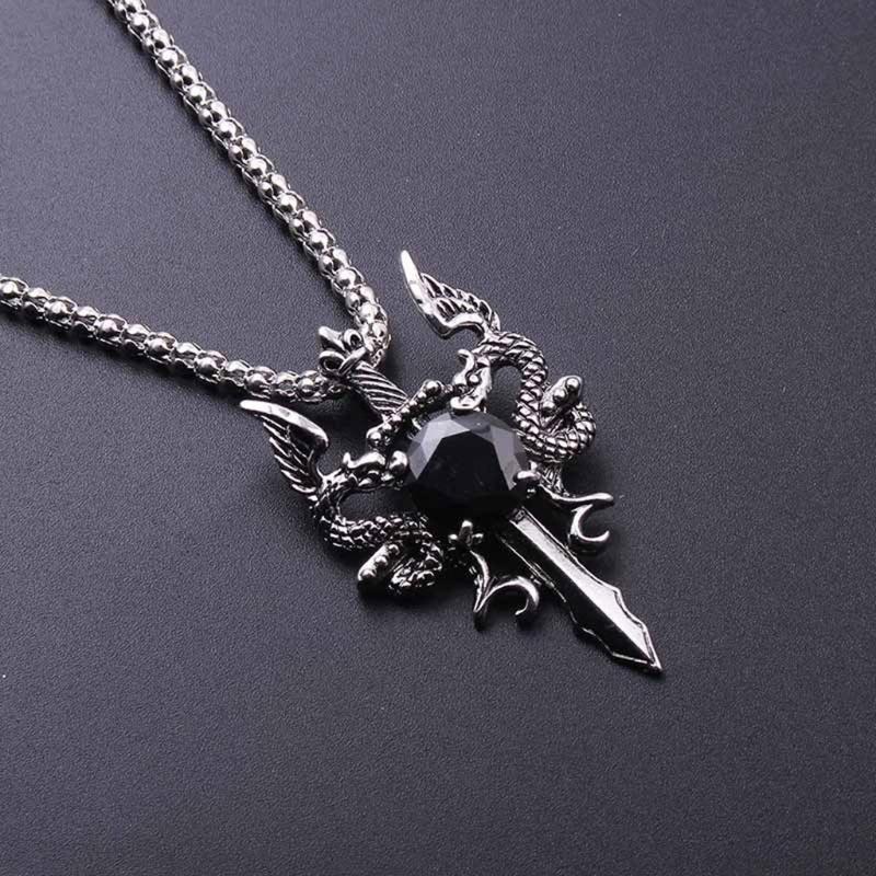 Vintage Dragon Amulet Necklace Double Dragon Sword Crucifix Crystal Pendant Punk Animal Dragon Jewelry Gift for Men Boys