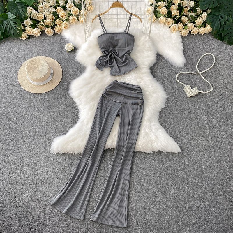 Casual Set Women 2025 Summer New Pleating Short Cami + High Waist Slimming Trumpet pants Two-piece Set
