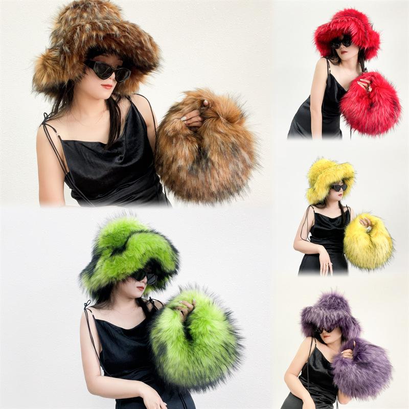 2023 New Fashion Faux Fur Bucket Hat Women Imitation Fur Warm Rabbit Fur Cap Russian Women Luxury Fluffy Panama Fisherman Hat