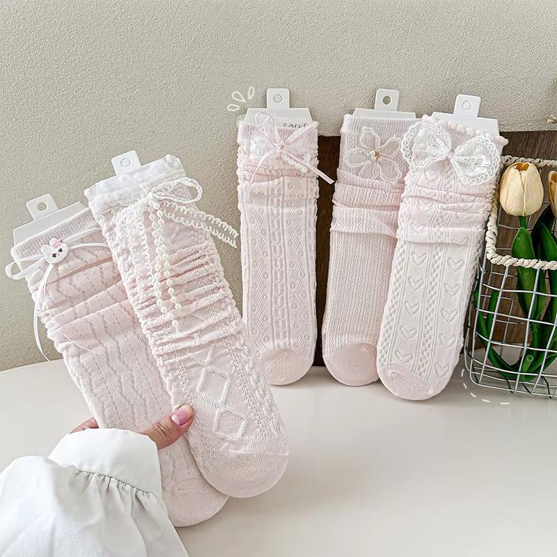 Children Spring Summer Mid-calf Socks Girls Lolita Thin Lace Calf Socks JK Pink Bowknot Sweet Loose Socks Stockings for 3-8Y