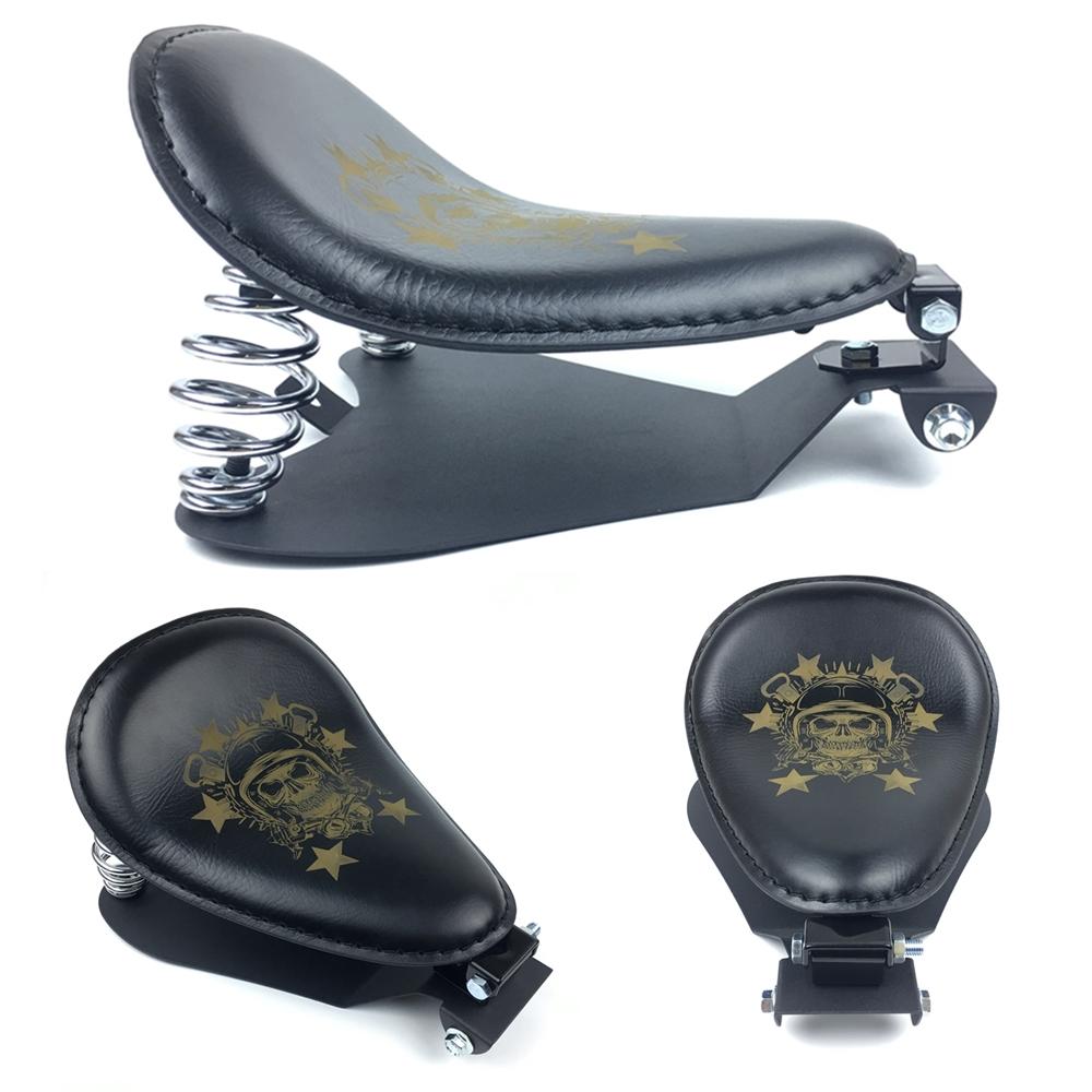 Motorcycle Retro Brown/Black Skull Leather Solo Seat+3" Spring Bracket for Harley Custom Chopper Bobber Leather Saddle Seat