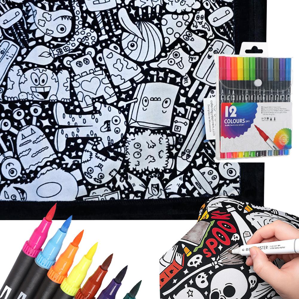 Дитяча ковдра для розмальовування своїми руками, що миється, з 12 кольоровими маркерами, Творча тканинна ковдра з квітами, пофарбованими на замовлення, для дорослих, для релаксації