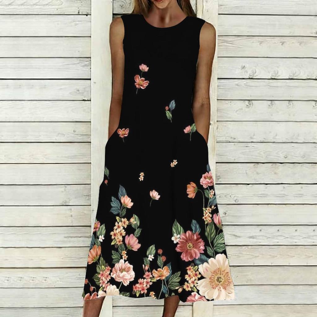 Women Plus Size Sleeveless Crew Neck Dress Exuberant Floral Pattern Loose Calf Length Dress