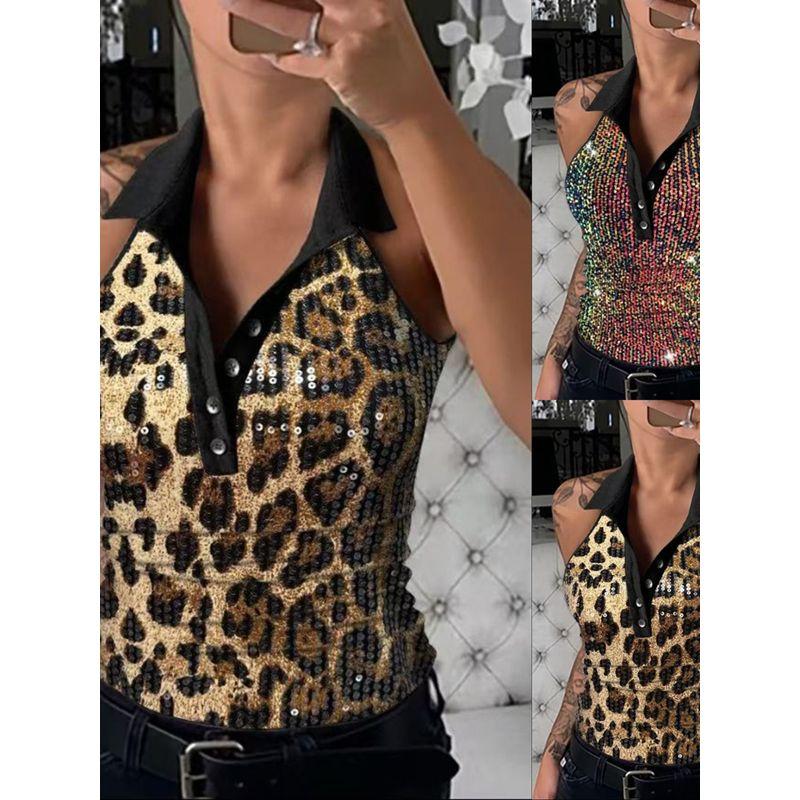 Night Club Style Sexy Europe and America Cross Border Summer New Arrival Leopard Print Color Sequin Lapel Sleeveless Vest Tops Bottoming Shirt
