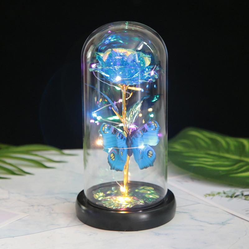 Butterfly Glass Cover Rose Ornament, Mother's Day Valentine's Day Creative Gift Gold Foil Flower LED Night Light