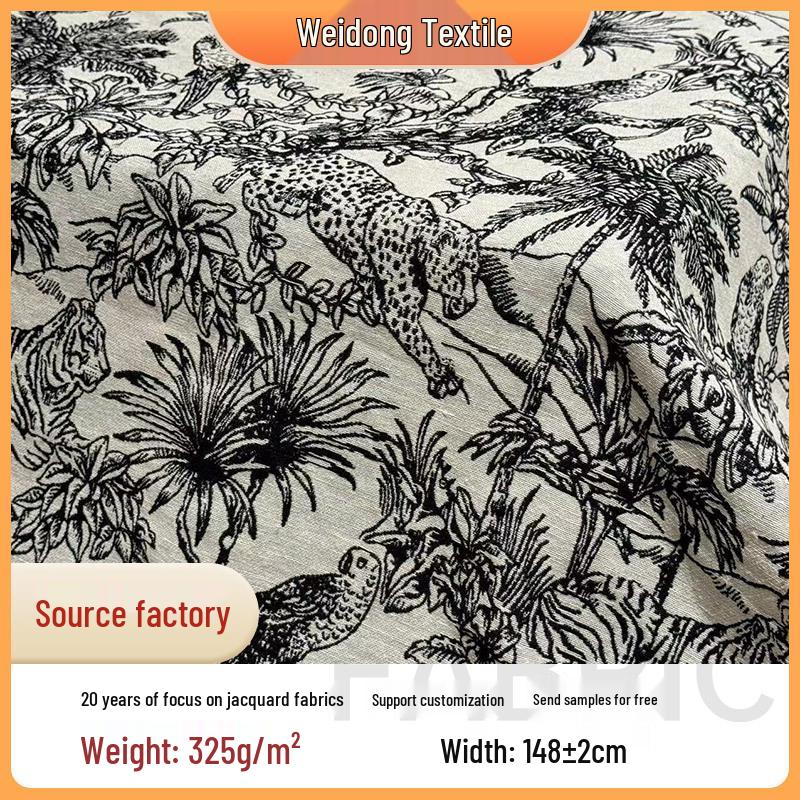 Vintage Black & White Jungle Print Polyester-Cotton Jacquard Fabric for Sofa, Pillow, Clothing, or Shoes
