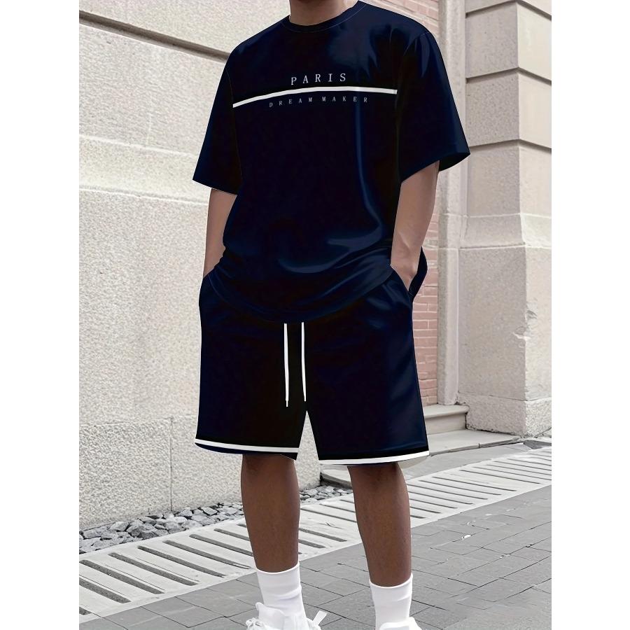 Summer Solid-Color T-Shirt and Shorts Set Letter Print Short-Sleeve Top with Drawstring Shorts Streetwear Men Fashion Sportswear