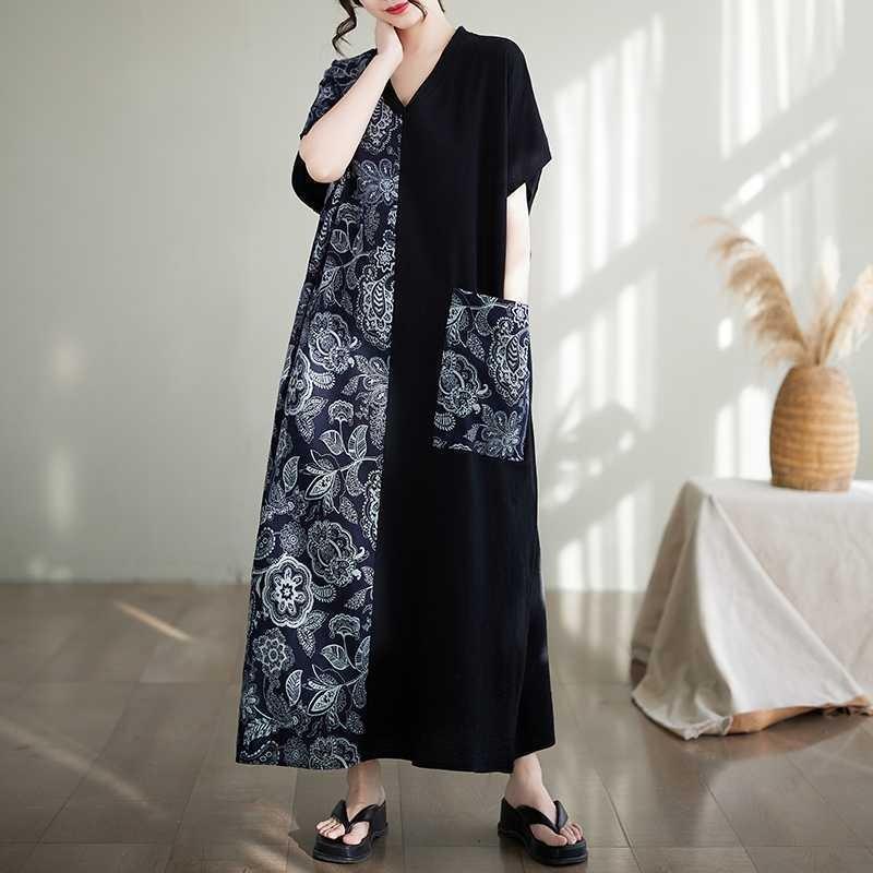 Cotton and Linen Slimming Short Sleeved Color Blocked Ultra Long Dress for Women