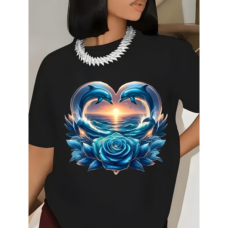 

European sizes Dolphin Heart Rose Print T-Shirt, Casual Short Sleeve Crew Neck Tee for Women, Regular Length, All Season 4XL чорний