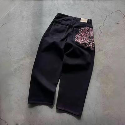 Cherry Blossom Selvedge Embroidery Denim Pants Y2k Retro Casual Baggy Straight Wide Leg Jeans High Quality Hiphop Streetwear
