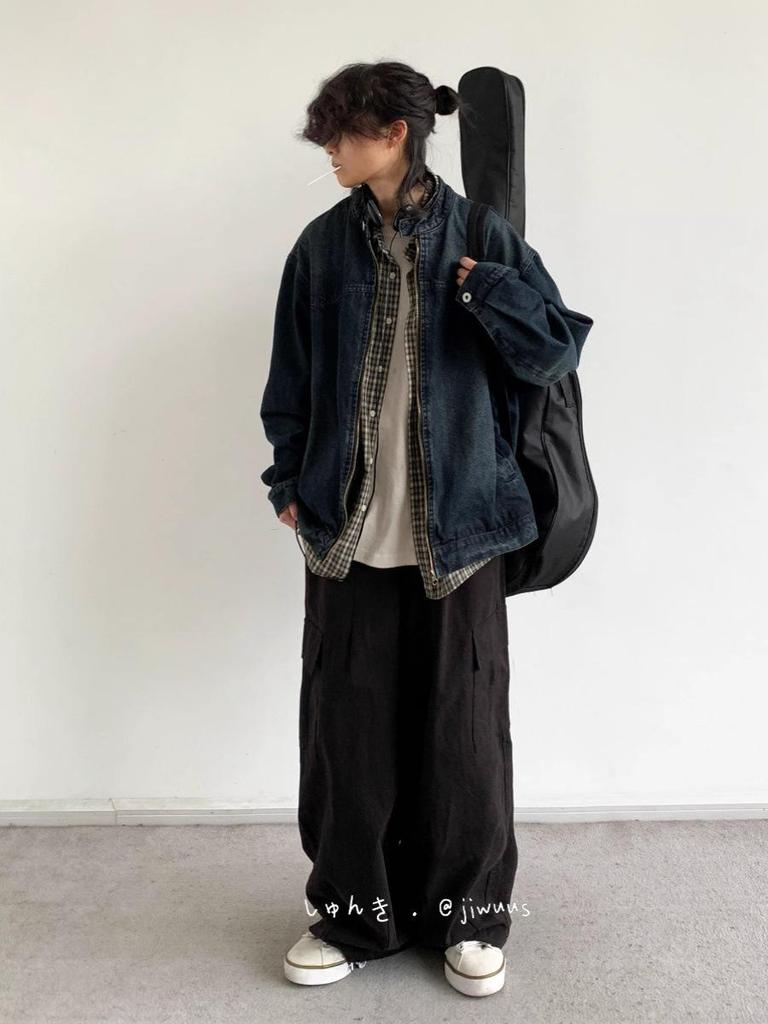 Pánská japonská retro distressed džínová bunda na jaro a podzim - Ležérní, volný střih pro páry