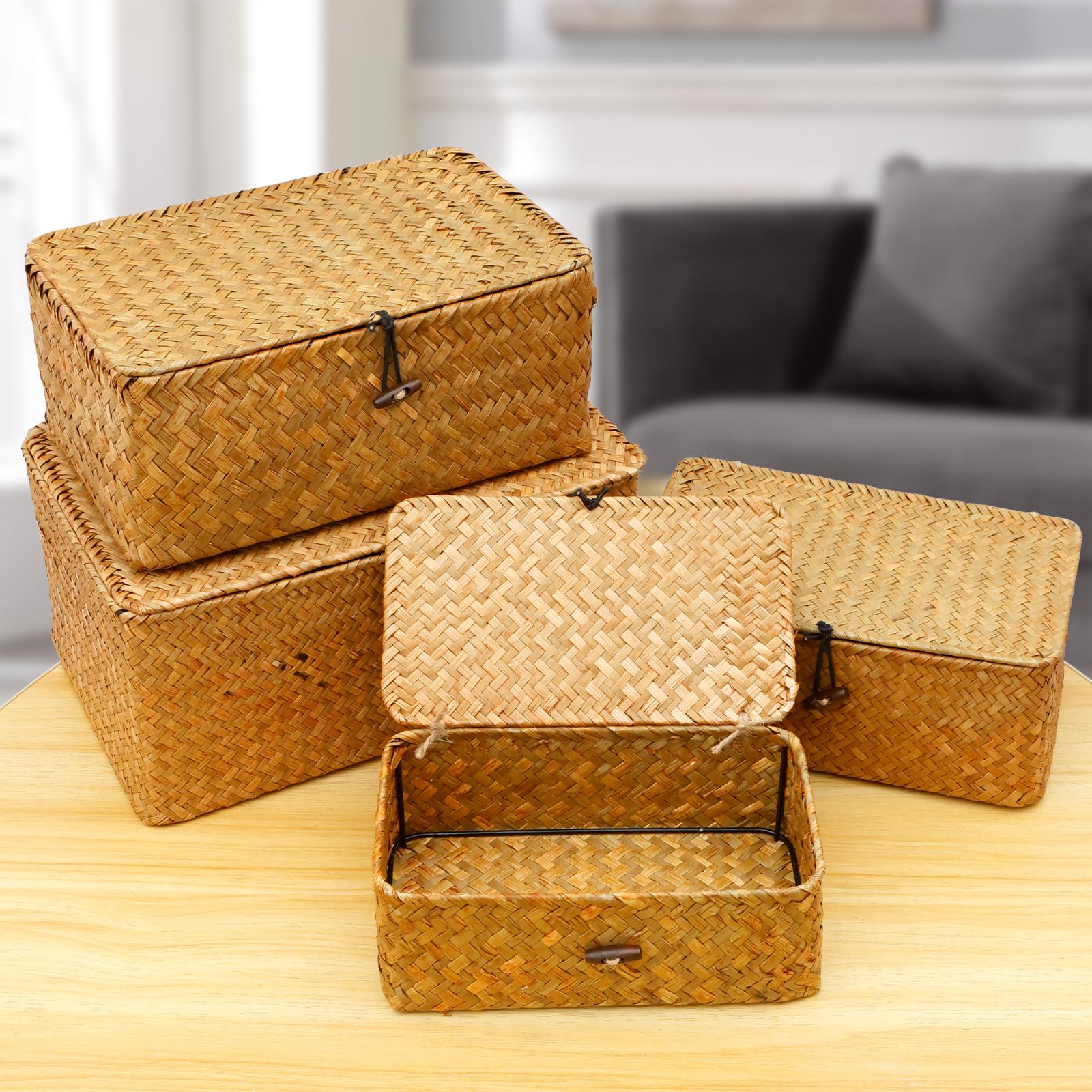 

4PCS/Set Grass Handwoven Natural Seagrass Bin Breathable Household Storage Box Easy to Move Seagrass Basket for Clothes Bedroom 4PCS One Set естественный